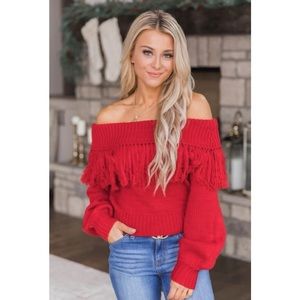 Red Off The Shoulder Fringe Sweater